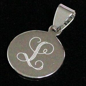 Silver Tone L Initial Script Style Font Engraved On Round Metal - Pendant Only